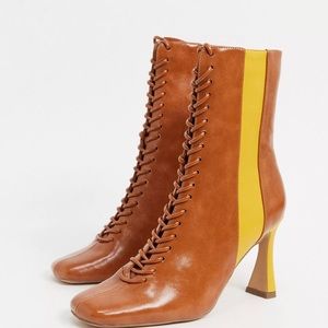 ASOS DESIGN Real Talk two tone lace up boots in tan mix